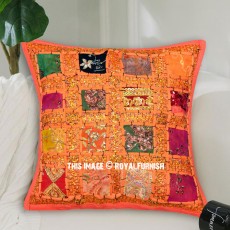 Orange Accent Sari Patchwork Cushion Cover 16x16 India Handmade
