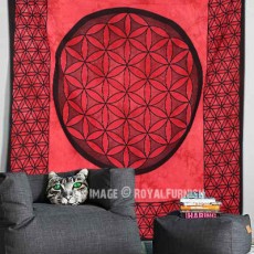Red Leaf Circle Ball Hippie Medallion Wall Tapestry, Indian Tie Dye Sheet