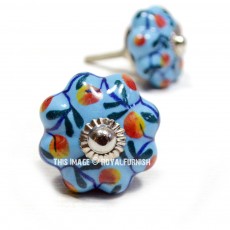Turquoise Color Floral Ceramic Knobs, Set of 2