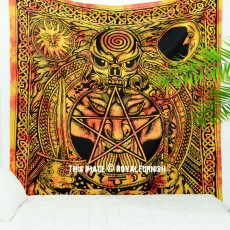 Orange Psychedelic Celtic Design Dragon Face & Skull Wall Tapestry