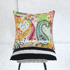 40"X40" Decorative White Paisley Kantha Cotton Throw Pillow Cover