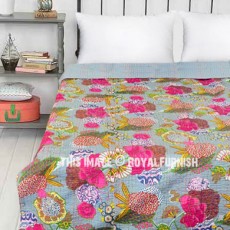 Grey Multi Tropicana Floral Printed Handcrafted Cotton Kantha Quilt Blanket Bedspread