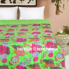 Green Floral Kantha Quilt Blanket