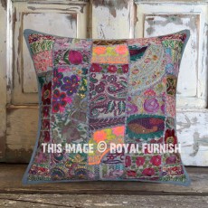 24X24" Grey Multi Bohemian Patchwork Decorative Cotton Pillow Sham