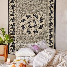 Small Black Elephants Ring Mandala Tapestry Wall Hanging, Indian Bedding