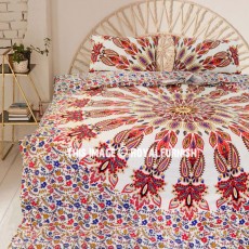 Red Multi Glittering Medallion Circle Cotton Duvet Cover with Set of 2 Pillow Cases