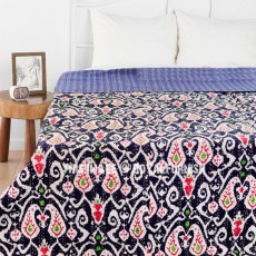 Blue Queen Size Paisley Ikat Kantha Quilt Blanket Bedding Bedspread
