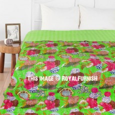 Green Multi Tropicana Fruit Flower Printed Cotton Kantha Bedspread Quilt Bedding