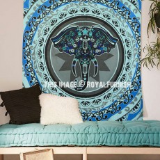 Small Twin Size Blue & Grey Elephant Face Circle Wall Tapestry