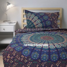 Boho Blue Twin Size Peafowl Mandala Bedding Duvet Set with One Pillow Cover