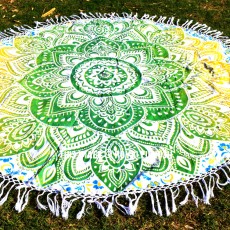 Green & Yellow Geometric Floral Medallion Circle Cotton Beach Throw Towel