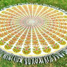 Yellow Peacock Wing Theme Based Mandala Roundie Beach Throw Round Tablecloth