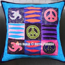 Turquoise Hindu OM and Peace Symbol Handcrafted Cotton Throw Pillow Cover