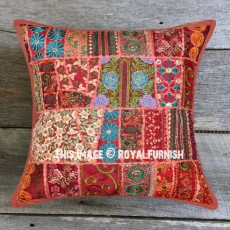 Brown Unique Multi Embroidered Patchwork Accent Pillow Case 18X18