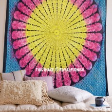 Multi Hippie Peacock Feathers Mandala Circle Tapestry, Tie Dye Bedding