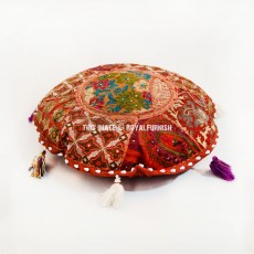Small Brown Multi One-Of-A-Kind Round Bohemian Floor Cushion Cover 17" Inch