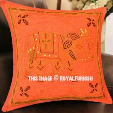 Orange Needlepoint Hand Embroidered Elephant Pillow Cover 16X16 Inch