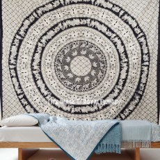 Large Black and White King Procession and Elephant Floral Tapestry