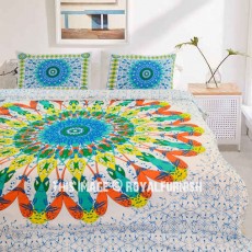 Queen Orange & White Multi Trippy Ombre Mandala Bohemian Duvet Cover Set with 2 Pillow Case