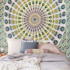 Blend of Yellow & White Peafowl Mandala Tapestry Throw Wall Hanging Bedspread