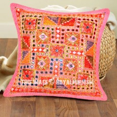 16X16 Pink Multi Maze Mirror Embroidery Design Boho Accent Throw Pillow Cover