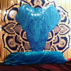 Beige and Blue Multi Colorful Asian Elephant Tapestry, Hippie Bedspread