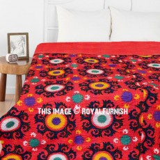 Vibrant Red Suzani Medallion Floral Printed Cotton Kantha Quilt Blanket Bedspread