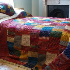 Multi Queen Size Unique One-Of-A-Kind Silk Sari Kantha Quilted Bedding Throw