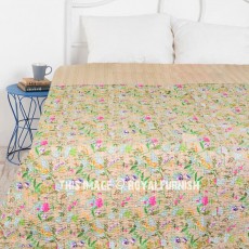 Beige Flower and Tree of Life Cotton Kantha Bedspread Quilted Blanket