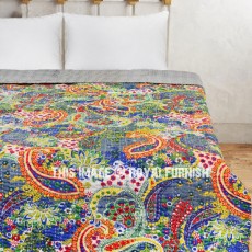 Colorful Multi Unique Paisley Printed Cotton Kantha Quilt Blanket Throw