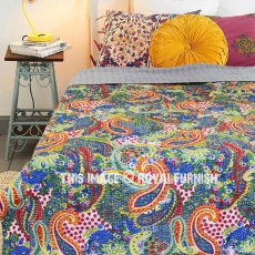 Grey Multi Queen Size Paisley Printed Decorative Kantha Quilted Blanket