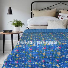 Full/Queen Size Blue Multi Tree Of Life Kantha Blanket Bedspread Quilt