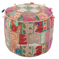 Tan One-Of-A-Kind Floor Seating Round Pouf Footstool Ottoman Cover 22" X 12" Inch