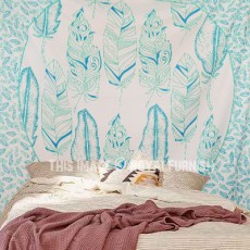 Green and White Summer Feathers Medallion Tapestry