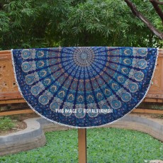 Blue Multi Colorful Pom Pom Medallion Roundie Beach Throw