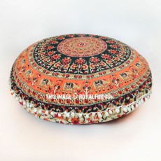 Black Kerala Elephant Mandala Round Floor Pillow Cover 32 Inch