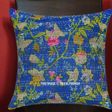 16" Blue Multi Paradise Kantha Throw Pillow Cushion Cover