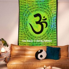 Green Twin Hindu OM Indian Hare Rama Hare Krishna Tapestry Wall Hanging