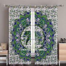Blue Green Decorative Asian Elephant Mandala Deja Vu Tapestry Curtain Panel Pair