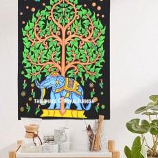 Multi Hand Brush Painted Asian Elephant Under Tree Fabric Cloth Poster
