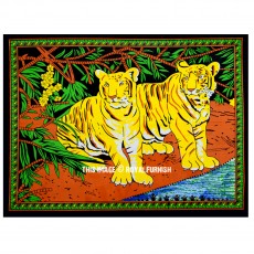 Riverside Sitting Indian Tiger Couple Cotton Fabric Wall Poster