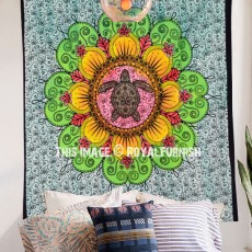 Twin Green Multi Turtle Mandala Tapestry