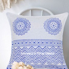 Blue Zig Zag Medallion Block Printed Cotton Throw Cover 16X16