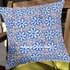 Blue & White Plumeria Block Printed Cotton Throw Cover 16X16