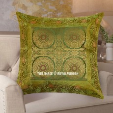 Parrot Green Decorative Four Circle Mandala Silk Brocade Throw Pillow Case