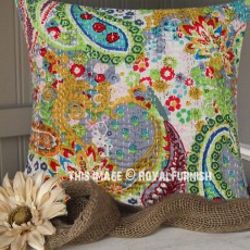 16" Grey Decorative Paisley Handmade Kantha Accent Pillow Cover