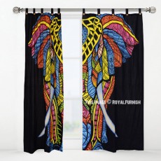 Black Multi Hand Brush Big Asian Elephant Tapestry Curtain Panel Pair