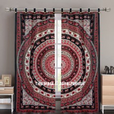 Red & Brown Elephants Medallion Tapestry Curtain Panel Pair