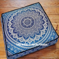 Blue Midnight Bloom Ombre Mandala Square Floor Pillow Cover 36" Inch