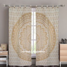 Sparkly Golden Flower Trippy Ombre Mandala Tapestry Curtain Panel Pair
